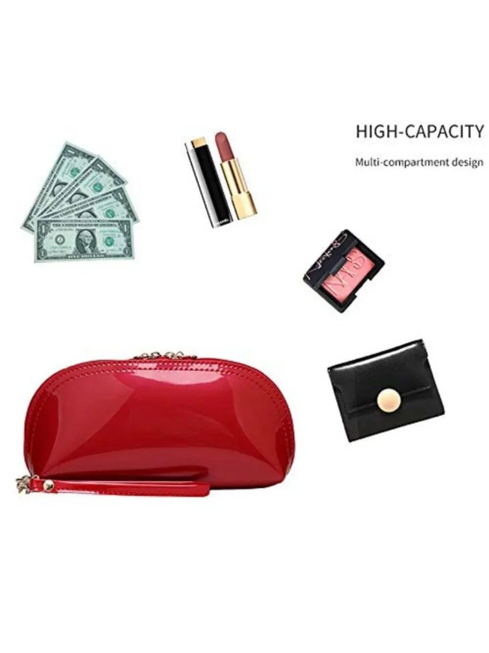 Stylish Patent Leather Makeup Pouch | Zipper Cosmetic Bag & Wristlet Clutch